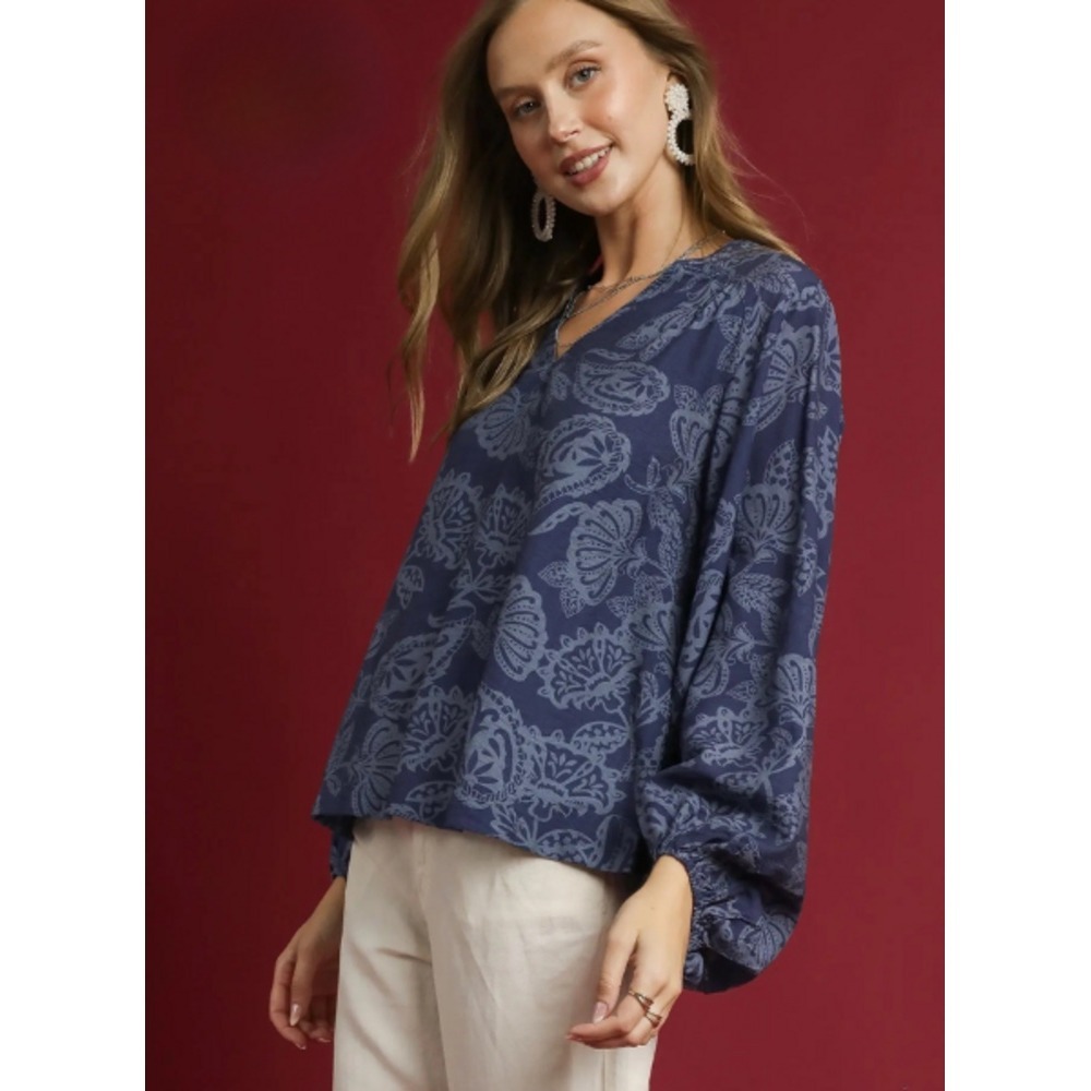 Umgee Blue Boho Paisley V-Neck Balloon Sleeve Boho Blouse Top K1252-VS Sz M